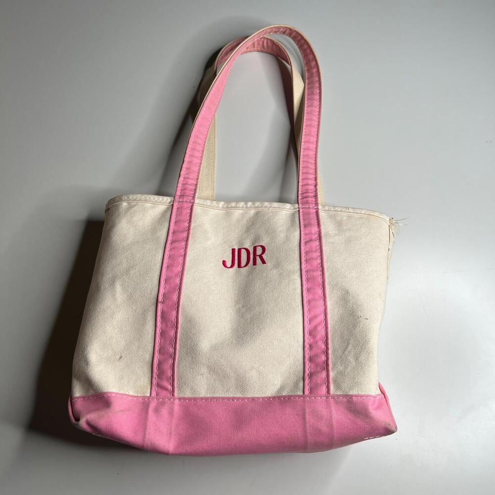 Vintage L.L. Bean Canvas Tote Bag Pink‎ White USA Made Zippered